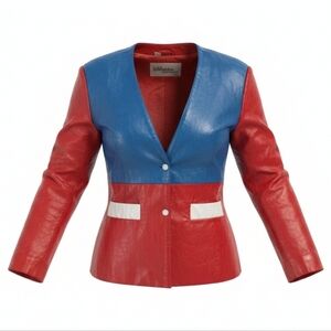 80s Vintage Wilson Colorblocked Patriotic Leather Fitted Moto Jacket, Size M